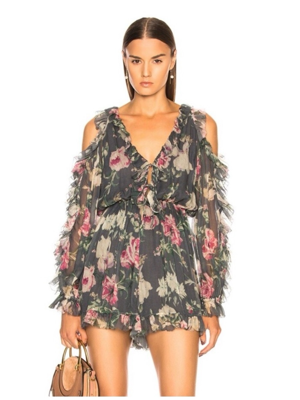 Zimmermann Floral Ruffle Long Sleeve Romper in Charcoal with Pink & Cream Blooms